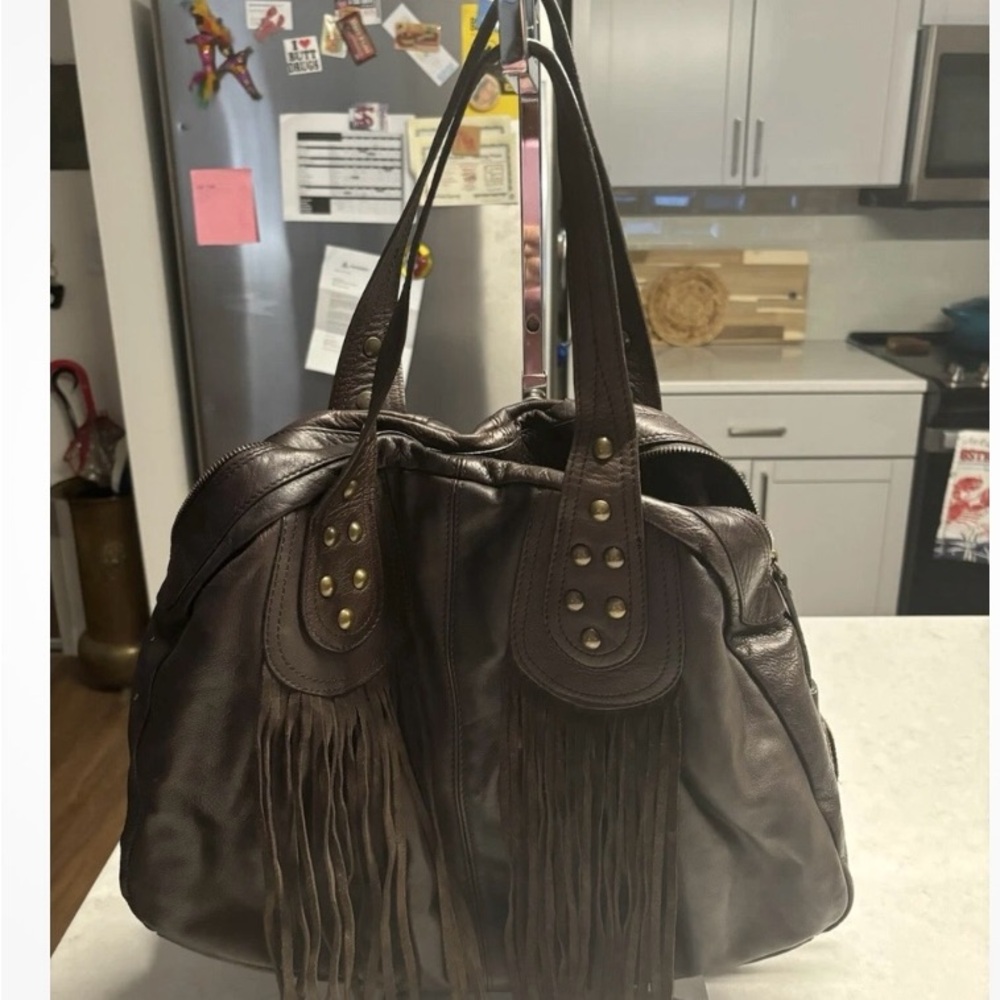 Fringe Accent Dark Brown Leather Tote Bag - Picture 2 of 9